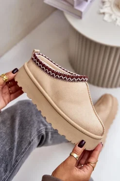 Damskie Boto Niskie Śniegowce Damskie Z Haftem Na Platformie Jasnobeżowe Narirya