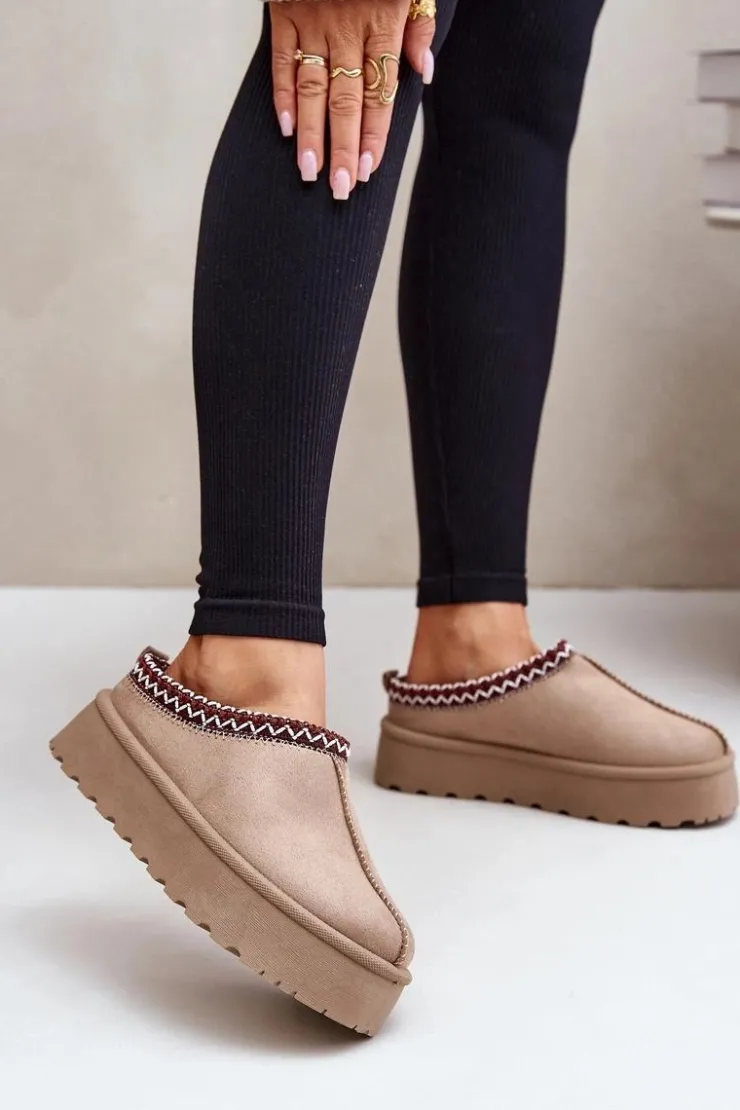 Discount Boto Niskie Śniegowce Damskie Z Haftem Na Platformie Ciemnobeżowe Narirya