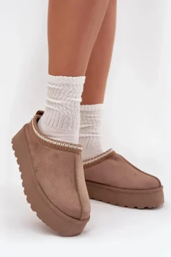 Boto Niskie Śniegowce Damskie Z Haftem Na Platformie Ciemnobeżowe Narirya