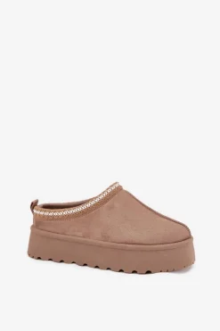 Boto Niskie Śniegowce Damskie Z Haftem Na Platformie Ciemnobeżowe Narirya