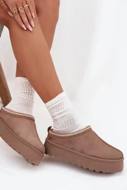 Boto Niskie Śniegowce Damskie Z Haftem Na Platformie Ciemnobeżowe Narirya