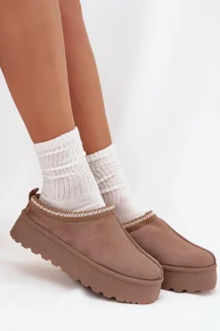 Boto Niskie Śniegowce Damskie Z Haftem Na Platformie Ciemnobeżowe Narirya