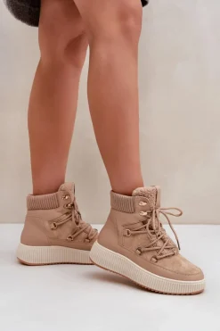 Damskie Boto Niskie Śniegowce Na Platformie Brązowe Naliora