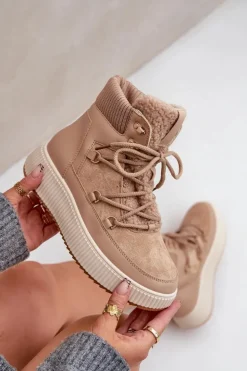 Damskie Boto Niskie Śniegowce Na Platformie Brązowe Naliora