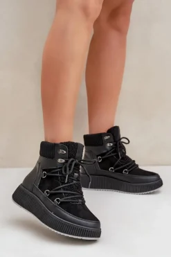 Boto Śniegowce Damskie*Niskie Śniegowce Na Platformie Czarne Naliora