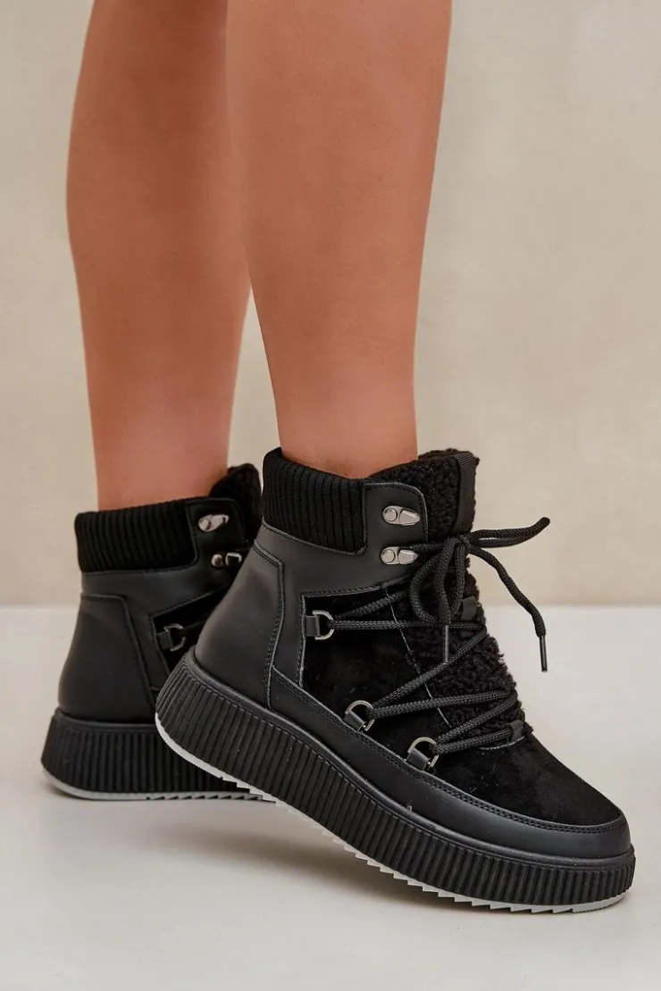 Boto Śniegowce Damskie*Niskie Śniegowce Na Platformie Czarne Naliora