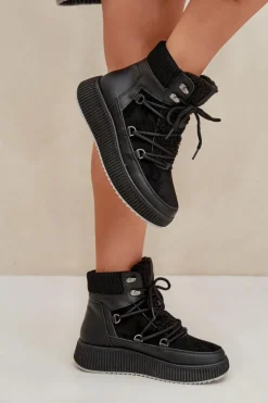 Boto Śniegowce Damskie*Niskie Śniegowce Na Platformie Czarne Naliora