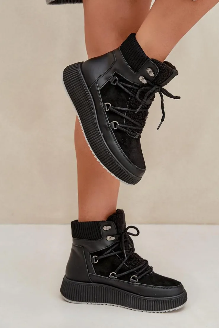 Boto Śniegowce Damskie*Niskie Śniegowce Na Platformie Czarne Naliora