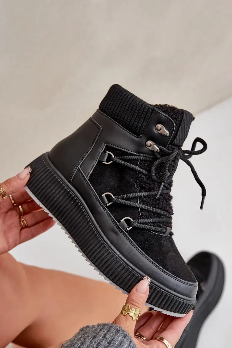 Boto Śniegowce Damskie*Niskie Śniegowce Na Platformie Czarne Naliora