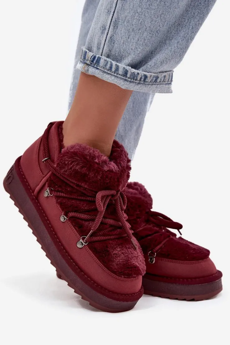 D.Franklin Śniegowce Damskie*Niskie Śniegowce Na Platformie Z Futerkiem DFSH370011 Bordowe Czerwony