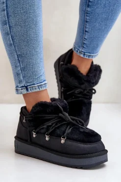 Damskie D.Franklin Niskie Śniegowce Na Platformie Z Futerkiem DFSH370011 Czarne