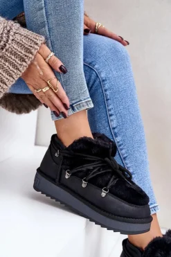 Damskie D.Franklin Niskie Śniegowce Na Platformie Z Futerkiem DFSH370011 Czarne