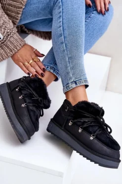 Damskie D.Franklin Niskie Śniegowce Na Platformie Z Futerkiem DFSH370011 Czarne