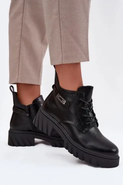 Boto Botki Ocieplane|Botki Sznurowane*Niskie Ocieplane Botki Damskie Na Klocku Z Ozdobnym Paskiem Czarne Therisse Czarny
