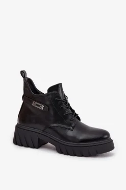 Boto Botki Ocieplane|Botki Sznurowane*Niskie Ocieplane Botki Damskie Na Klocku Z Ozdobnym Paskiem Czarne Therisse Czarny