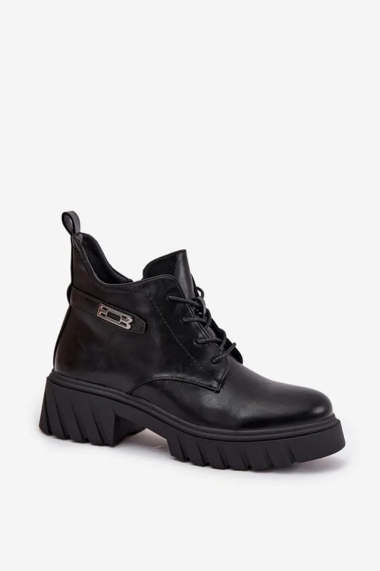 Boto Botki Ocieplane|Botki Sznurowane*Niskie Ocieplane Botki Damskie Na Klocku Z Ozdobnym Paskiem Czarne Therisse Czarny