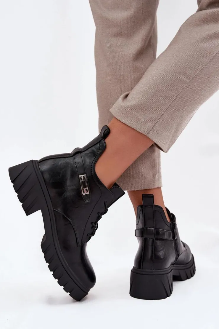 Boto Botki Ocieplane|Botki Sznurowane*Niskie Ocieplane Botki Damskie Na Klocku Z Ozdobnym Paskiem Czarne Therisse Czarny