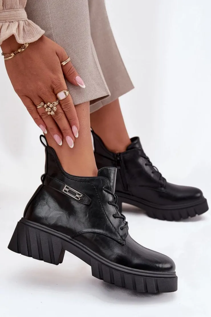 Boto Botki Ocieplane|Botki Sznurowane*Niskie Ocieplane Botki Damskie Na Klocku Z Ozdobnym Paskiem Czarne Therisse Czarny