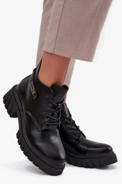 Boto Botki Ocieplane|Botki Sznurowane*Niskie Ocieplane Botki Damskie Na Klocku Z Ozdobnym Paskiem Czarne Therisse Czarny