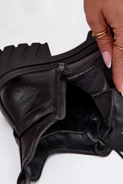 Boto Botki Ocieplane|Botki Sznurowane*Niskie Ocieplane Botki Damskie Na Klocku Z Ozdobnym Paskiem Czarne Therisse Czarny