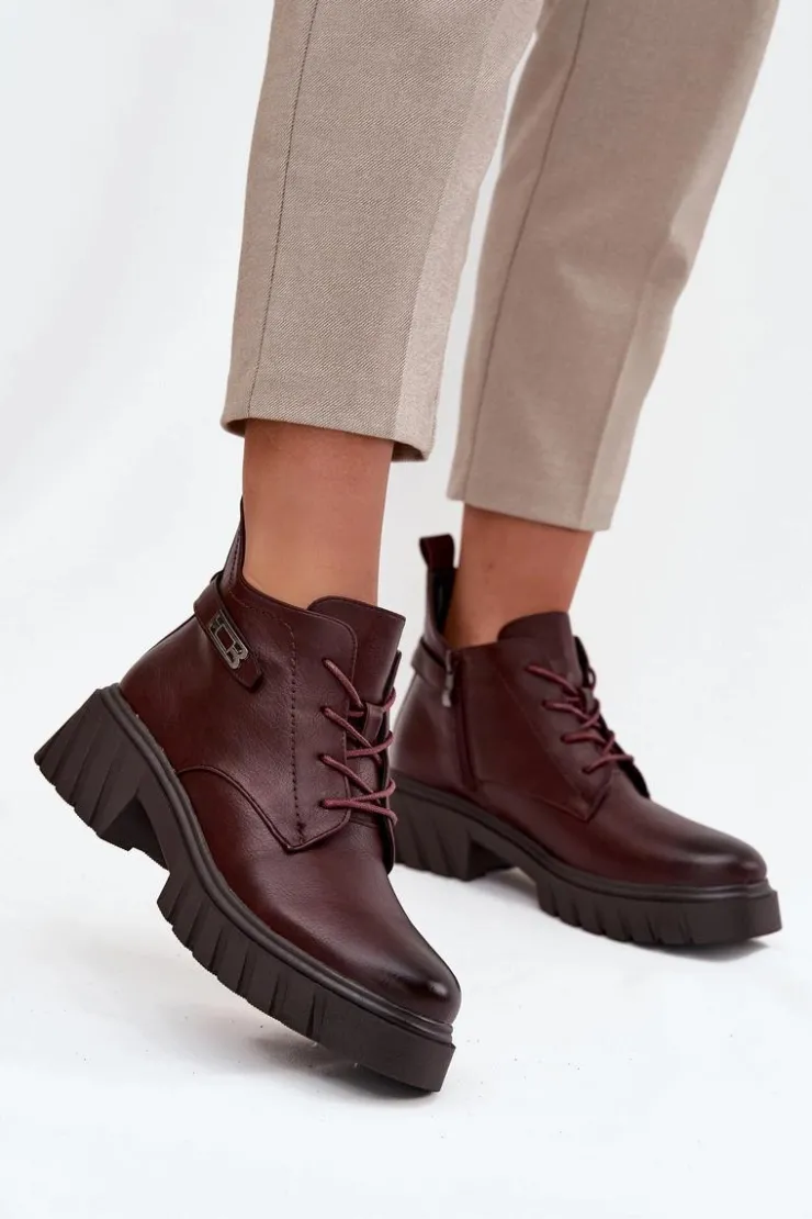 Boto Botki Ocieplane|Botki Sznurowane*Niskie Ocieplane Botki Damskie Na Klocku Z Ozdobnym Paskiem Bordowe Therisse