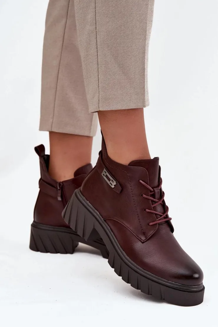 Boto Botki Ocieplane|Botki Sznurowane*Niskie Ocieplane Botki Damskie Na Klocku Z Ozdobnym Paskiem Bordowe Therisse
