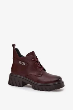 Boto Botki Ocieplane|Botki Sznurowane*Niskie Ocieplane Botki Damskie Na Klocku Z Ozdobnym Paskiem Bordowe Therisse