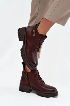 Boto Botki Ocieplane|Botki Sznurowane*Niskie Ocieplane Botki Damskie Na Klocku Z Ozdobnym Paskiem Bordowe Therisse