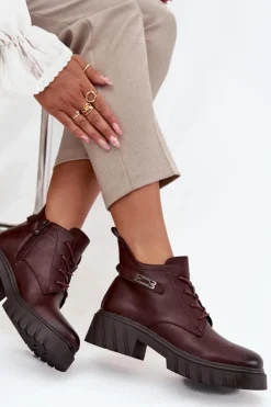 Boto Botki Ocieplane|Botki Sznurowane*Niskie Ocieplane Botki Damskie Na Klocku Z Ozdobnym Paskiem Bordowe Therisse