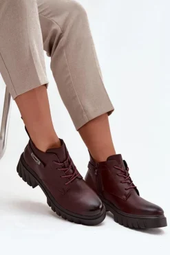 Boto Botki Ocieplane|Botki Sznurowane*Niskie Ocieplane Botki Damskie Na Klocku Z Ozdobnym Paskiem Bordowe Therisse