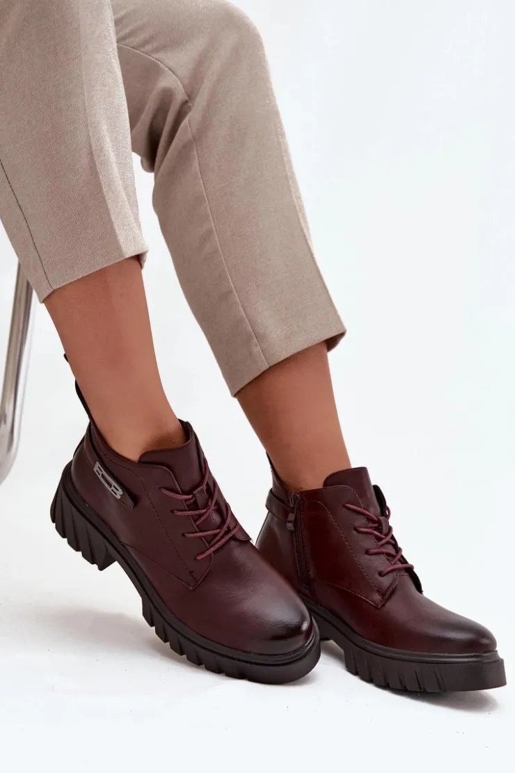 Boto Botki Ocieplane|Botki Sznurowane*Niskie Ocieplane Botki Damskie Na Klocku Z Ozdobnym Paskiem Bordowe Therisse