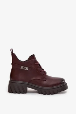 Boto Botki Ocieplane|Botki Sznurowane*Niskie Ocieplane Botki Damskie Na Klocku Z Ozdobnym Paskiem Bordowe Therisse