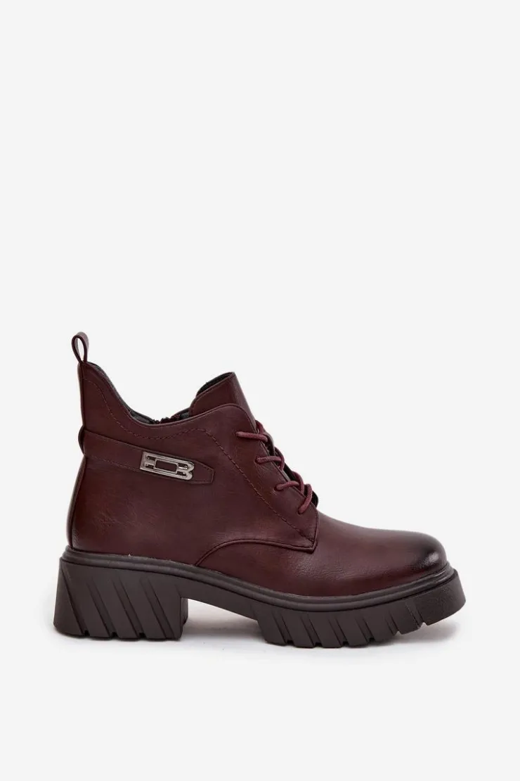 Boto Botki Ocieplane|Botki Sznurowane*Niskie Ocieplane Botki Damskie Na Klocku Z Ozdobnym Paskiem Bordowe Therisse