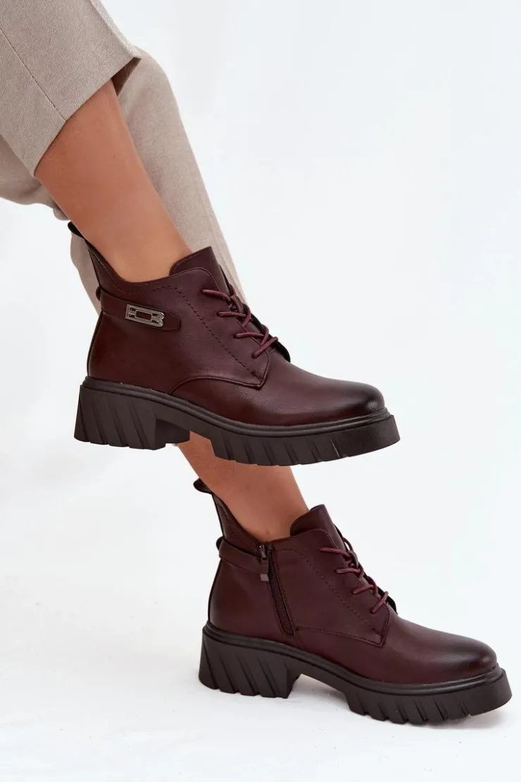 Boto Botki Ocieplane|Botki Sznurowane*Niskie Ocieplane Botki Damskie Na Klocku Z Ozdobnym Paskiem Bordowe Therisse