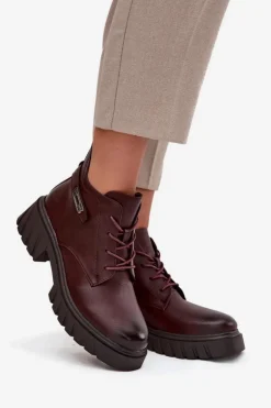 Boto Botki Ocieplane|Botki Sznurowane*Niskie Ocieplane Botki Damskie Na Klocku Z Ozdobnym Paskiem Bordowe Therisse