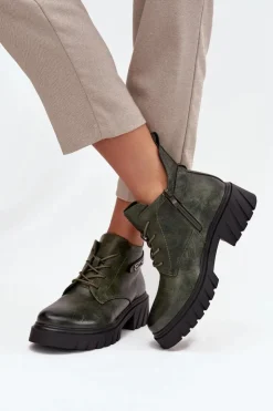 New Boto Niskie Ocieplane Botki Damskie Na Klocku Z Ozdobnym Paskiem Ciemnozielone Therisse Zielony