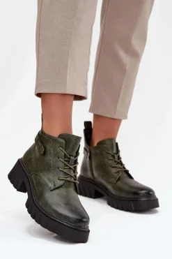 New Boto Niskie Ocieplane Botki Damskie Na Klocku Z Ozdobnym Paskiem Ciemnozielone Therisse Zielony