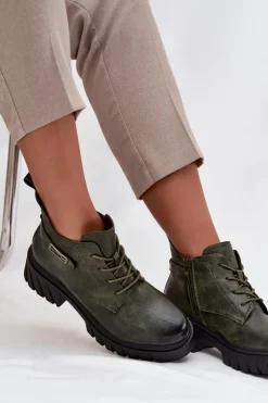 New Boto Niskie Ocieplane Botki Damskie Na Klocku Z Ozdobnym Paskiem Ciemnozielone Therisse Zielony