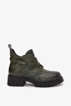 New Boto Niskie Ocieplane Botki Damskie Na Klocku Z Ozdobnym Paskiem Ciemnozielone Therisse Zielony