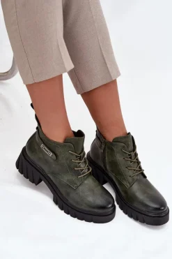 New Boto Niskie Ocieplane Botki Damskie Na Klocku Z Ozdobnym Paskiem Ciemnozielone Therisse Zielony