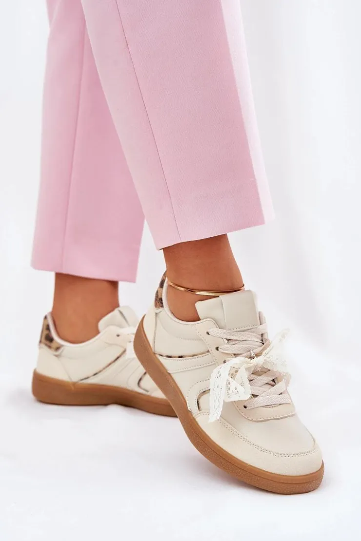 Clearance Boto Niskie Sneakersy Damskie Z Koronką Panterka Beżowe Zielle Beżowy
