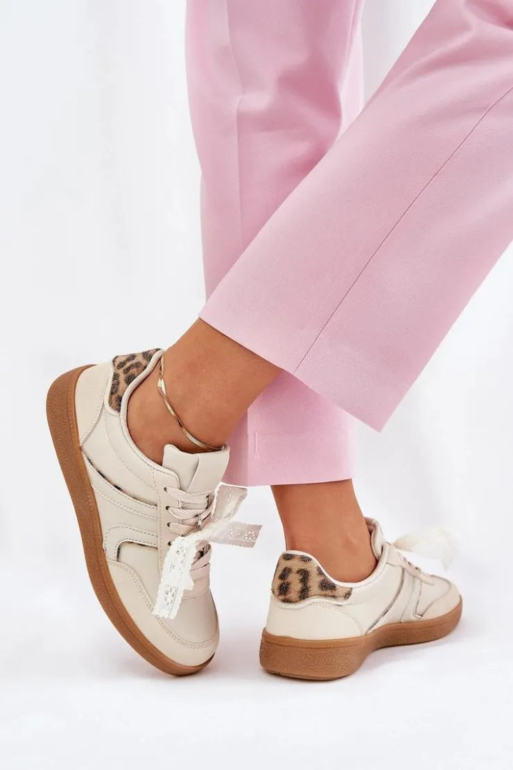 Clearance Boto Niskie Sneakersy Damskie Z Koronką Panterka Beżowe Zielle Beżowy