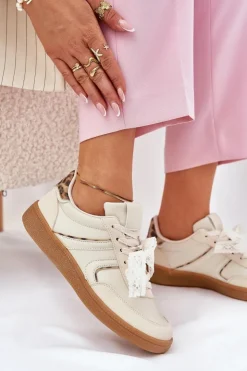 Clearance Boto Niskie Sneakersy Damskie Z Koronką Panterka Beżowe Zielle Beżowy