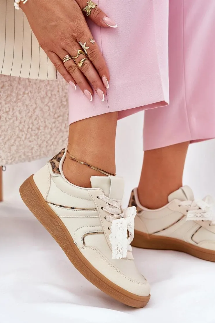 Clearance Boto Niskie Sneakersy Damskie Z Koronką Panterka Beżowe Zielle Beżowy