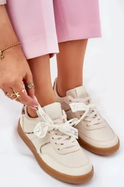 Clearance Boto Niskie Sneakersy Damskie Z Koronką Panterka Beżowe Zielle Beżowy