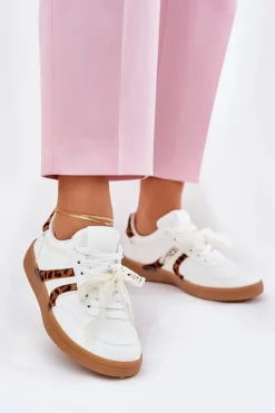 Damskie Boto Niskie Sneakersy Damskie Z Koronką Panterka Białe Zielle