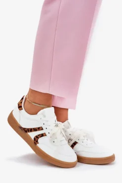 Damskie Boto Niskie Sneakersy Damskie Z Koronką Panterka Białe Zielle