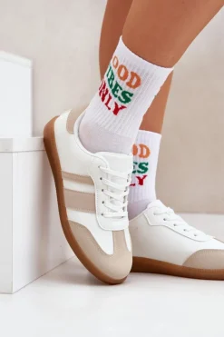 Damskie Boto Niskie Sneakersy Damskie Z Eko Skóry Beżowo-Białe Nonalorin