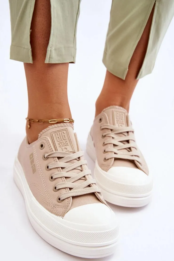 Big Star Shoes Trampki Damskie Big Star|Trampki Damskie Niskie*Niskie Sznurowane Tenisówki Big Star LL274969 Beżowe Beżowy