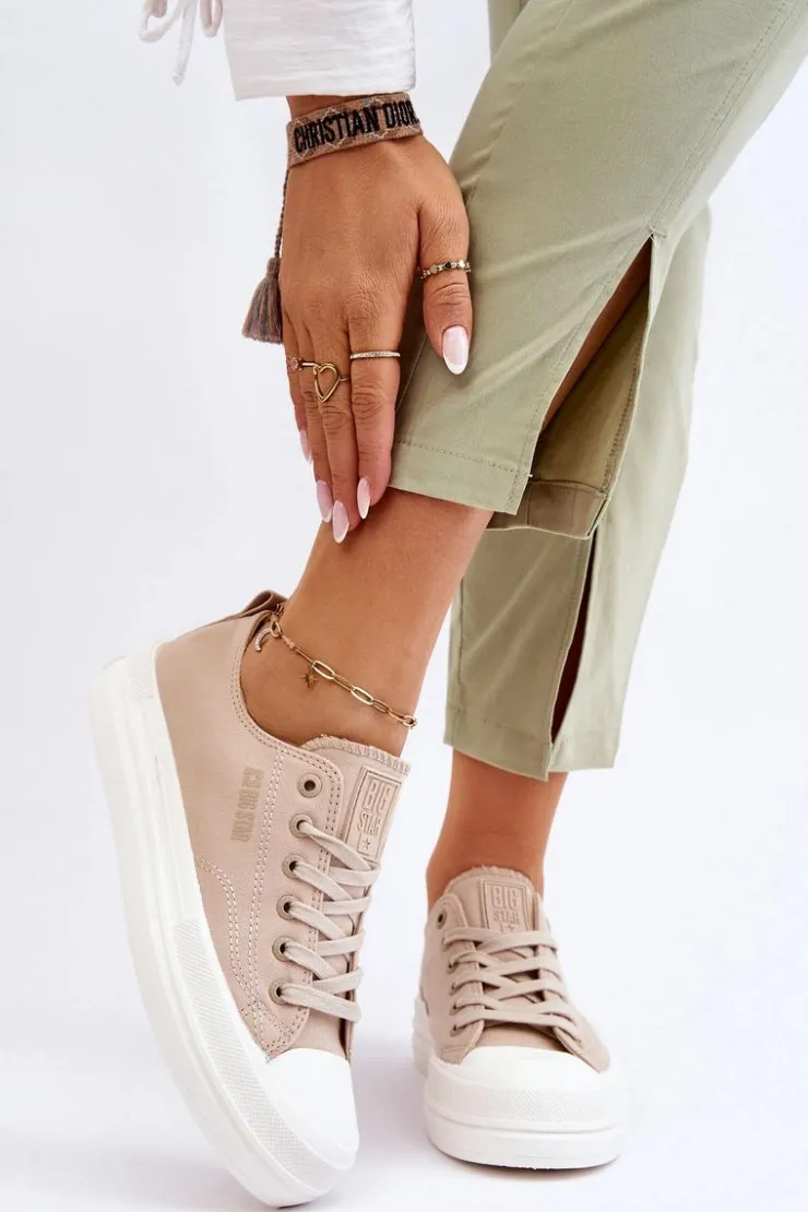 Big Star Shoes Trampki Damskie Big Star|Trampki Damskie Niskie*Niskie Sznurowane Tenisówki Big Star LL274969 Beżowe Beżowy